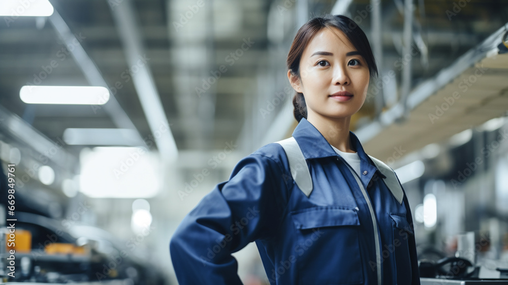 Portrait of asian smiling female auto mechanic standing with arms crossed in auto repair shop.
Portrait of asian smiling female auto mechanic standing with arms crossed in auto repair shop.