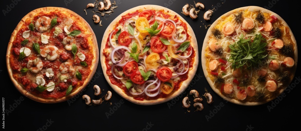 Four seasons pizza with meats seafood mushrooms and veggies Four seasons pizza with meats seafood mushrooms and veggies