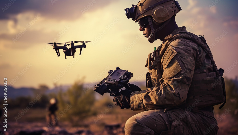 Military soldier controls drone for reconnaissance operation of enemy ...