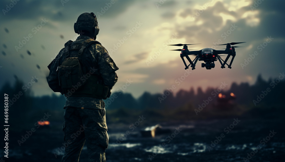 Military soldier controls drone for reconnaissance operation of enemy positions. Concept using quadrocopters in smart war Military soldier controls drone for reconnaissance operation of enemy positions. Concept using quadrocopters in smart war