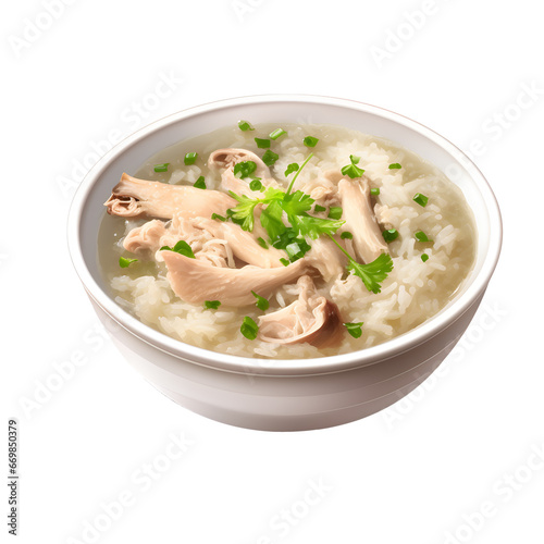 A bowl of soothing chicken congee, topped with fresh parsley, offers a simple yet nourishing meal, isolated PNG
