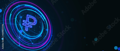 Creative glowing round polygonal button with ruble sign on dark background with mock up place. Online banking and money concept. 3D Rendering.
