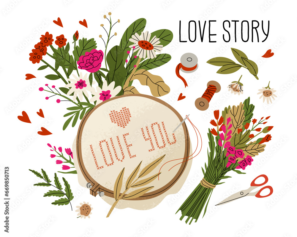 Fototapeta premium Composition of postal envelopes, letters and flowers for Valentine's Day. Love correspondence with a loved one. Vector illustration isolated on white background. All elements are movable and can be mo