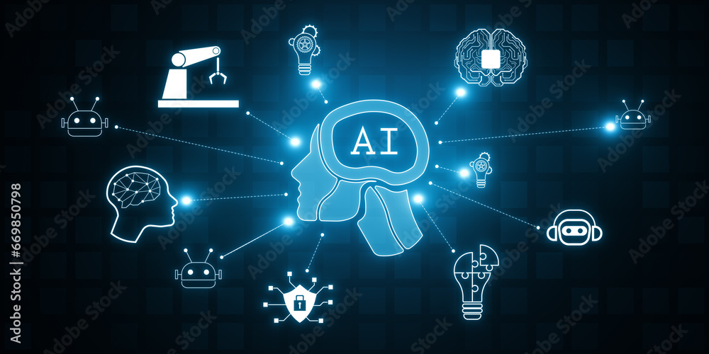 Creative glowing ai hologram with digital human head on wide blurry backdrop . Automated machine learning, artificial intelligence and conversation assistant concept. 3D Rendering. Creative glowing ai hologram with digital human head on wide blurry backdrop . Automated machine learning, artificial intelligence and conversation assistant concept. 3D Rendering.