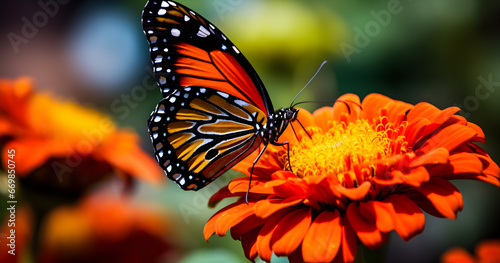 Macro shot of a luminous butterfly delicately perched on a bright flower  highlighting intricate wing patterns and nature s splendor. Ideal for nature enthusiasts.