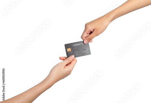 Clipping path, hand holding credit card on isolated.