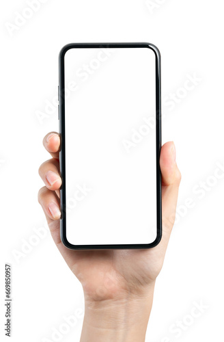 Hand holding the black smartphone with blank screen on background.