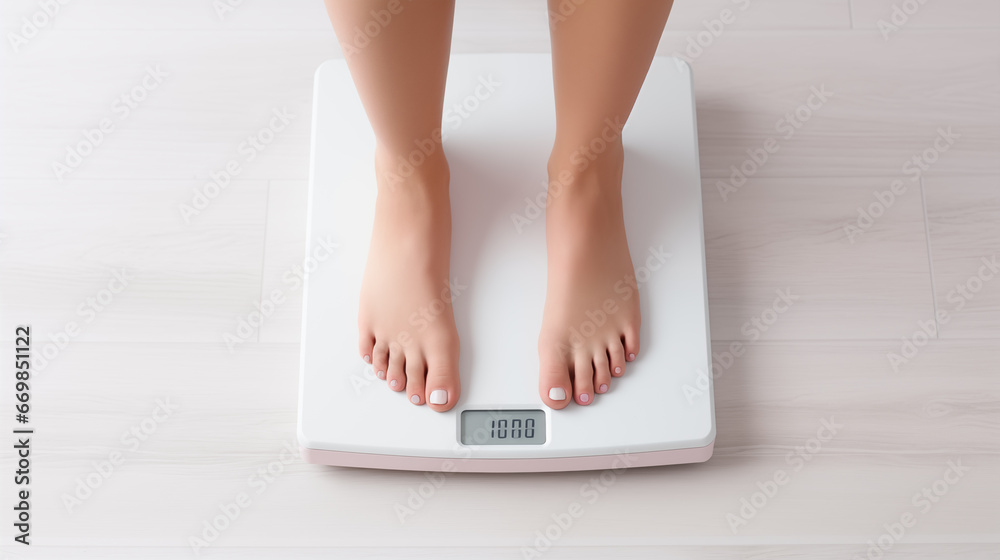 Woman's feet on weight scale, closeup. Weight loss concept - obrazy, fototapety, plakaty 