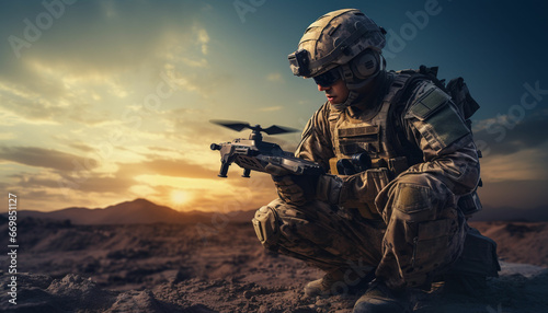 Military soldier controls drone for reconnaissance operation of enemy positions. Concept using quadrocopters in smart war photo
