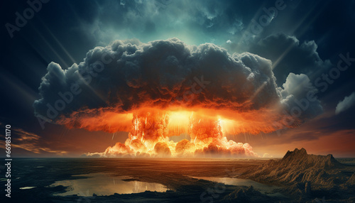 Nuclear explosion day or night. Stormy sky, shock wave against the background of a nuclear fungus in the process of releasing thermal and radiant energy as a result of an uncontrolled nuclear fission © msroster
