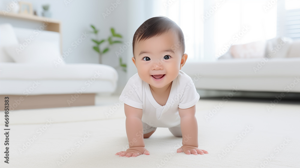 cute asian baby crawling on the floor in the living room cute asian baby crawling on the floor in the living room