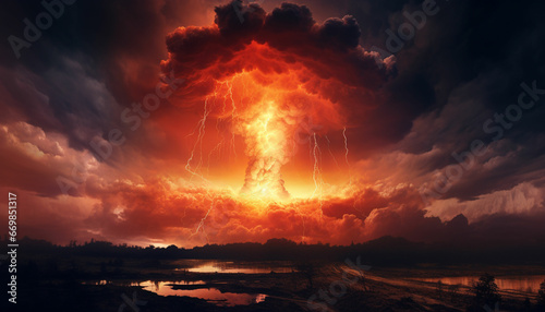 Nuclear explosion day or night. Stormy sky, shock wave against the background of a nuclear fungus in the process of releasing thermal and radiant energy as a result of an uncontrolled nuclear fission