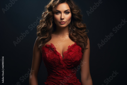Woman wearing vibrant red dress strikes pose for photograph. This versatile image can be used for various purposes, such as fashion, beauty, lifestyle, or advertising campaigns.