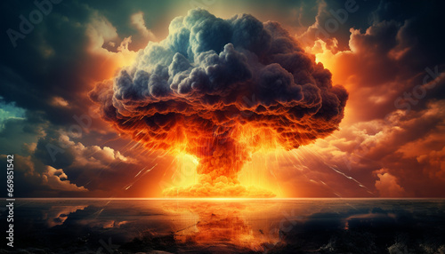 Nuclear explosion day or night. Stormy sky  shock wave against the background of a nuclear fungus in the process of releasing thermal and radiant energy as a result of an uncontrolled nuclear fission