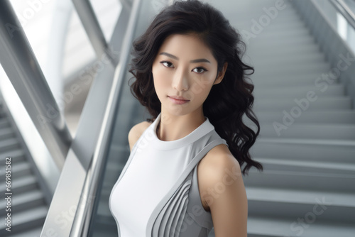 Free Download Woman wearing white top stands on set of stairs. This versatile image can be used to depict concepts such as elegance, confidence, and progression. - GFXLoad