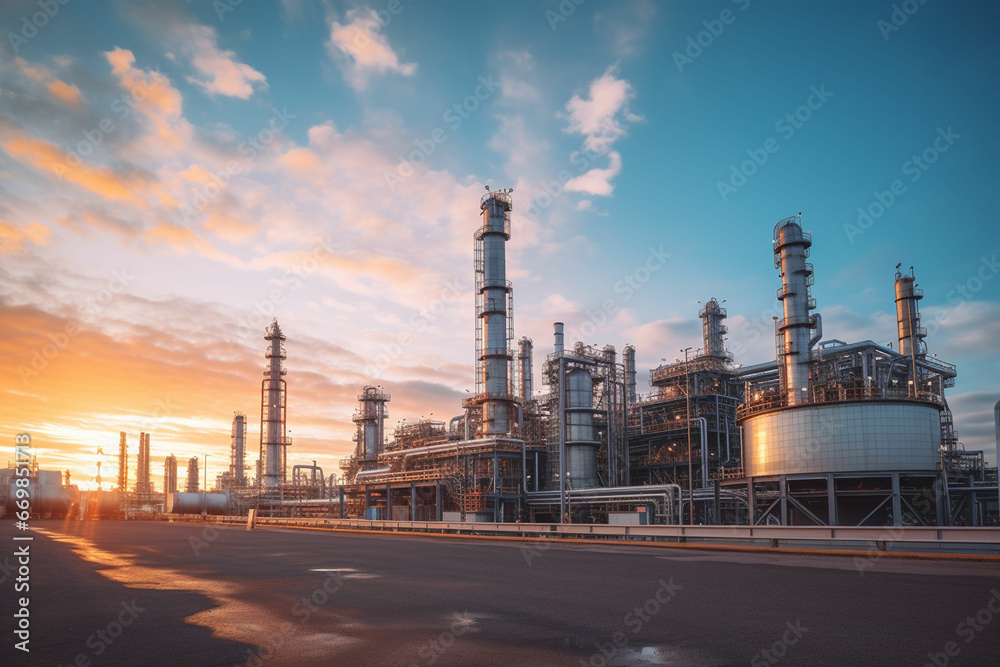 Close up Industrial view at oil refinery plant form industry zone with sunrise and cloudy sky Close up Industrial view at oil refinery plant form industry zone with sunrise and cloudy sky