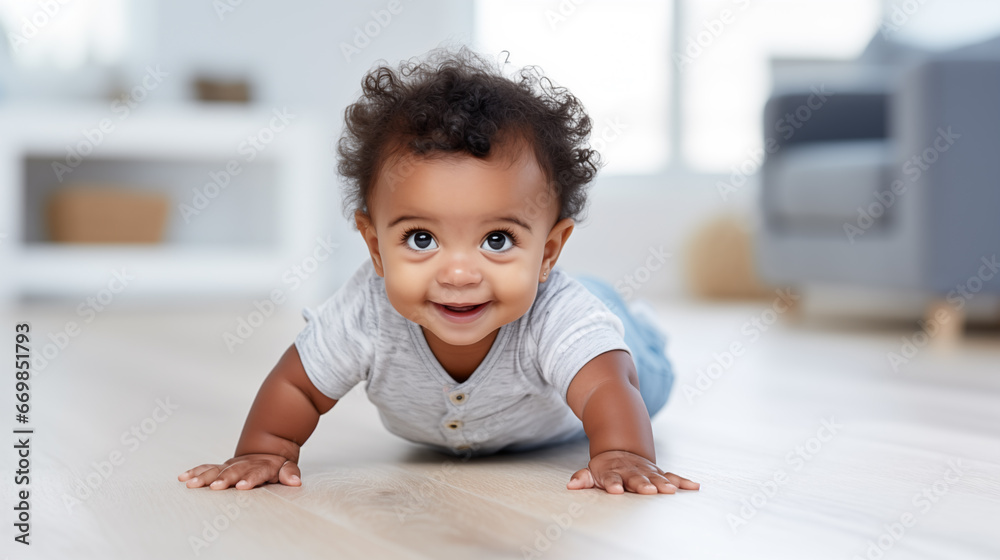 happy african american baby crawling on floor at home.
happy african american baby crawling on floor at home.