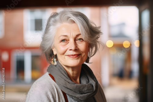 Woman with gray hair wearing scarf. This image can be used to depict aging, fashion, or winter clothing.
