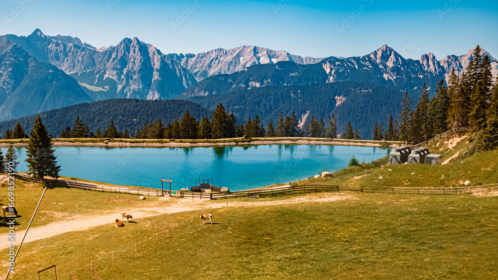 Alpine summer view with Lake Kaltwassersee at Mount Seefelder Joch, Rosshuette, Seefeld, Tyrol, Austria