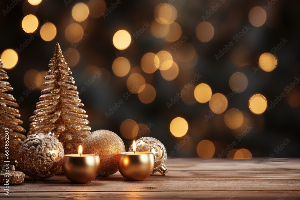 A Christmas-themed background image adorned with candlelight and ornaments, providing room for customization to add a festive touch to your creative content. Photorealistic illustration