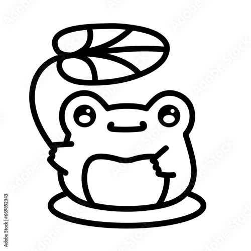 Sweet Frog under the Water Lily. Smiling Frog with Flower. Coloring book concept. Children's Drawing. Character, Talisman. Vector illustration in linear style