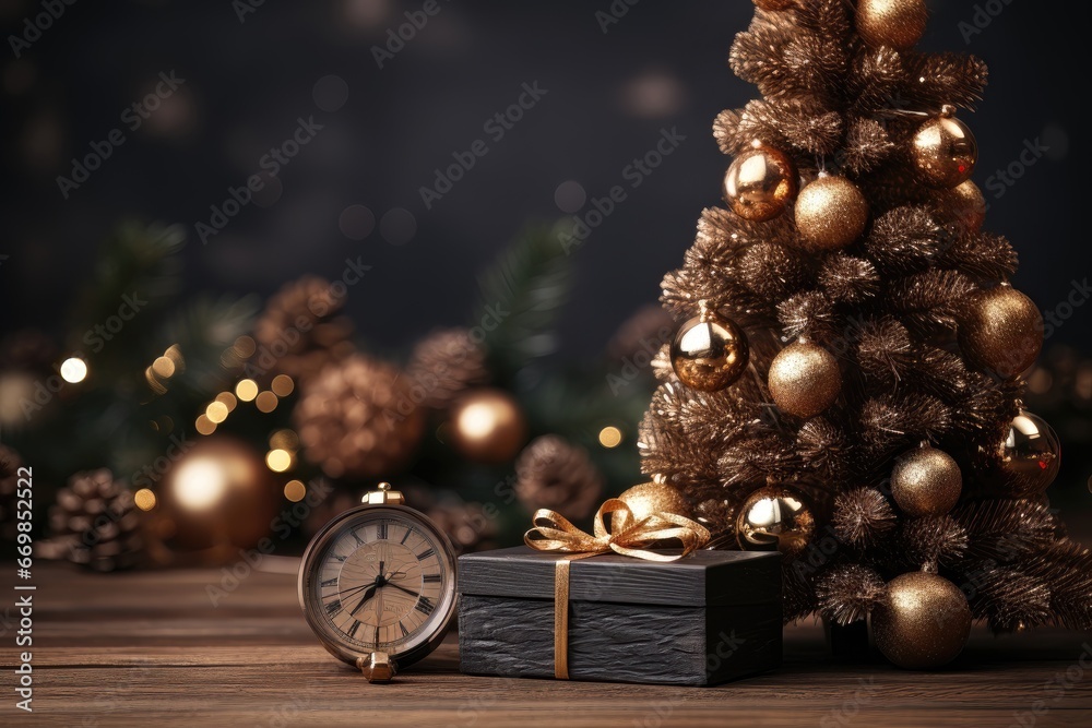 A Christmas-themed background image featuring a present under a small Christmas tree, with ample room for customization, providing a cozy and personalized backdrop. Photorealistic illustration