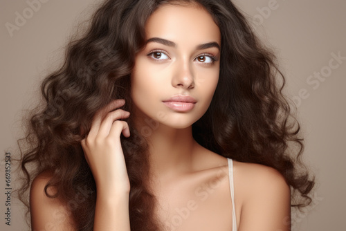 Stunning young woman with gorgeous long curly hair. Perfect for beauty and hair care advertisements.