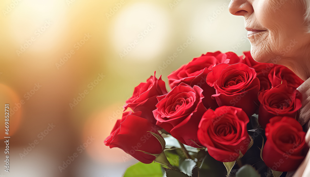 woman with bouquet of red roses, valentine's day concept