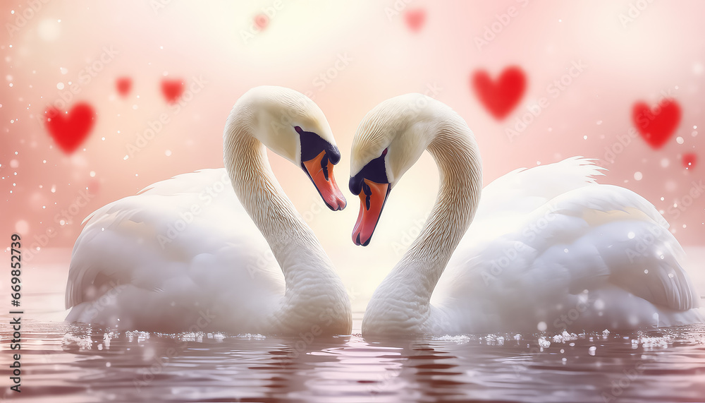 Fototapeta premium Two swans in love on the lake, valentine's day concept