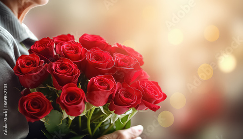 woman with bouquet of red roses  valentine s day concept