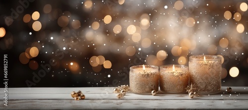 A wide-format Christmas-themed background image with a close-up of candles on a table  providing room for customization to create an intimate and festive atmosphere. Photorealistic illustration
