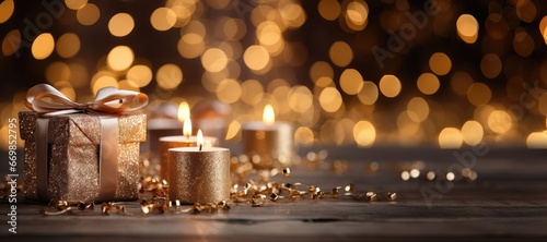A wide-format Christmas-themed background image with a close-up of a present and candles on a table  offering room for customization to create a festive atmosphere. Photorealistic illustration
