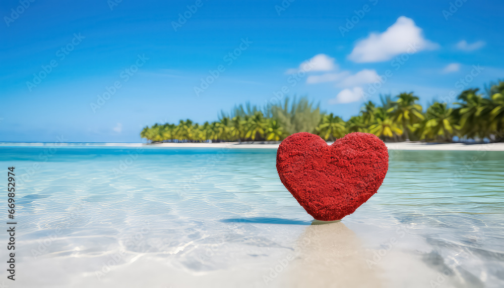 Red heart on the beach with perfect water, valentine's day concept Red heart on the beach with perfect water, valentine's day concept