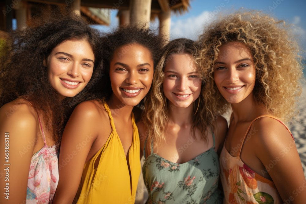 Fototapeta premium Group of women standing next to each other on beach. This picture can be used to depict friendship, vacation, or group activity at beach.