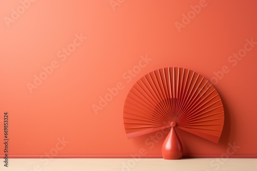 Empty red wall with a figurine in the form of a Chinese fan. Generated by artificial intelligence