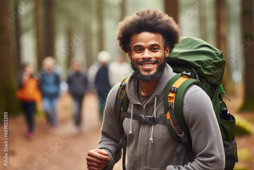 Man with backpack is captured smiling for camera. This image can be used to depict travel, adventure, exploration, or happy outdoor experience.