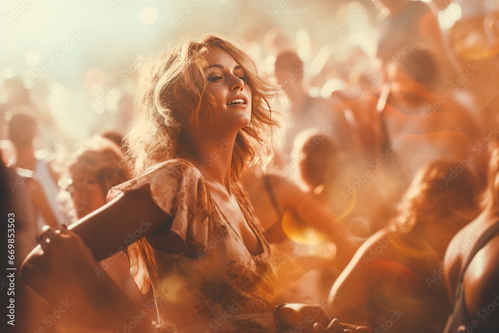 A group of women dancing in the crowd at a musical festival, captured in the style of post-'70s ego generation photography - obrazy, fototapety, plakaty 