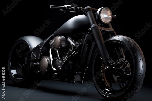 Sleek motorcycle with metallic motor, dark design, and white backdrop. Generative AI