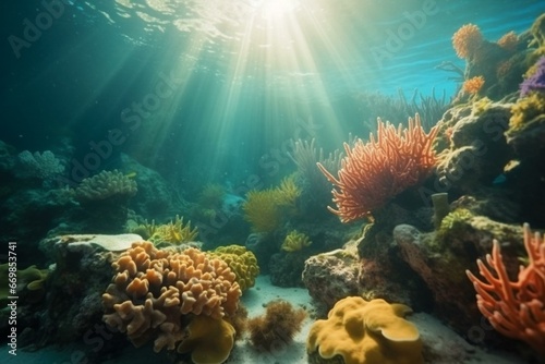Colorful underwater scene with coral and sunlight. Generative AI