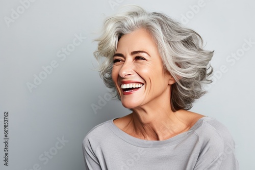Beautiful gorgeous 50s mid age beautiful elderly senior model woman with grey hair laughing and smiling. Mature old lady close up portrait. Healthy face skin care beauty