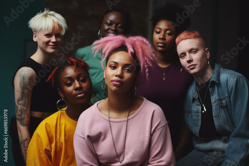 Vibrant group of individuals with pink hair posing together for picture. Uniqueness, creativity, and self-expression. Social media posts, fashion blogs, or articles about personal style.