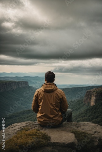 Back view of a man sitting alone at the big mountains.