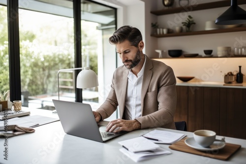 Smiling elegant businessman holding documents and looking at camera while working from home. Freelancer working from home sitting at desk with laptop. Self employed business person working from home.