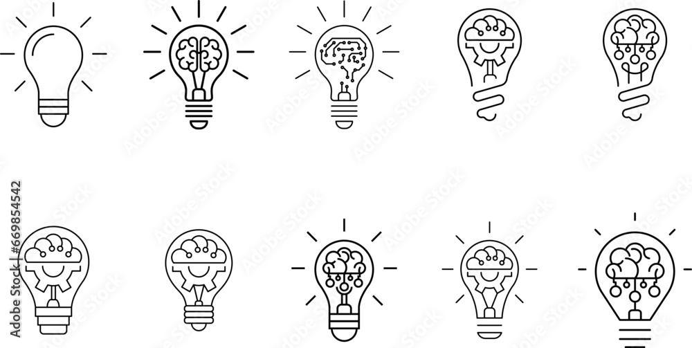 Innovation icon set. Light bulb with cog or brain inside. Inspiration icon, idea, innovation sign, symbol or logo. Vector illustration - obrazy, fototapety, plakaty 