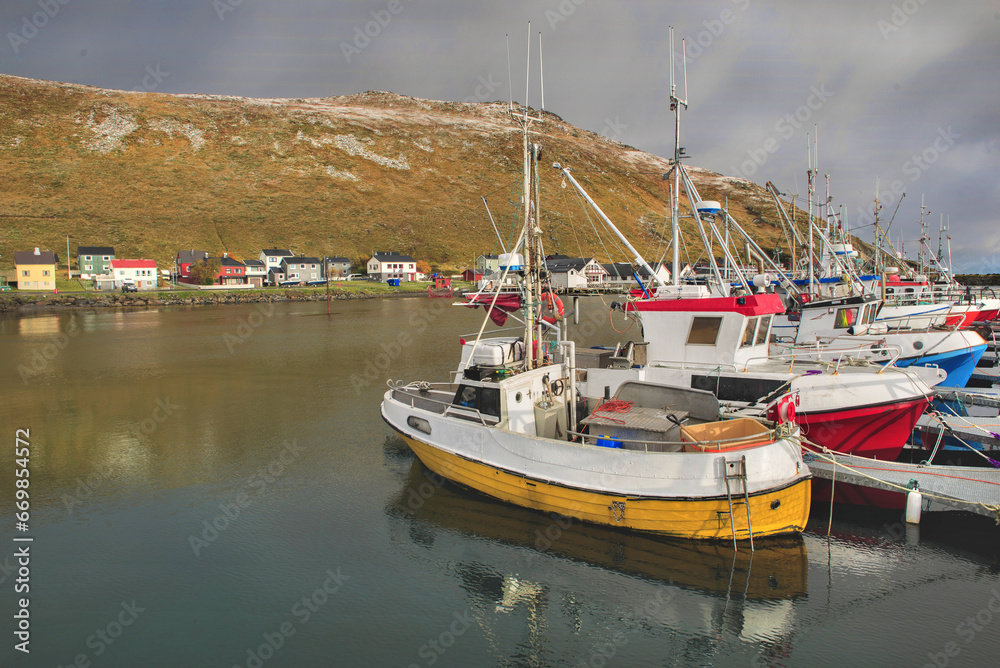 Fototapeta premium harbor in a fishing village Gjesvaer on Mageroya island, Nordland in Norway