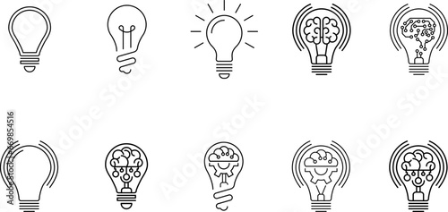 Innovation icon set. Light bulb with cog or brain inside. Inspiration icon, idea, innovation sign, symbol or logo. Vector illustration