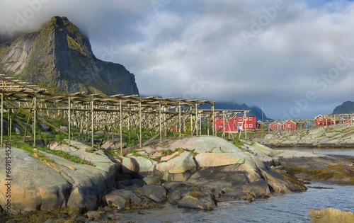 Picturesque landscape on a fishing village with fish drier in  Reine in Lofot...