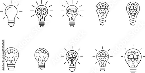 Innovation icon set. Light bulb with cog or brain inside. Inspiration icon, idea, innovation sign, symbol or logo. Vector illustration
