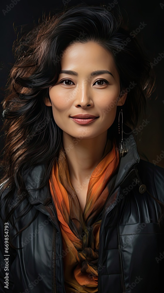 Beautiful Mature Asian Woman Smiles Broadly In Studio. Right Side Tonned Closed-Up Portrait. Model portrait illustration. Generative AI