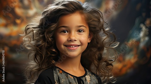 Portrait of happy smiling child girl on background. People portrait illustration. Generative AI